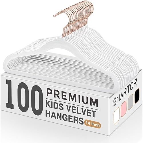 Smartor Kids Velvet Hangers 100 Pack, 14'' Inch Premium Non Slip Kids Felt Hangers for Closet, Space Saving Toddler Clothes Hanger for Youth's Childrens' Clothes (Rose Gold Hook)- White