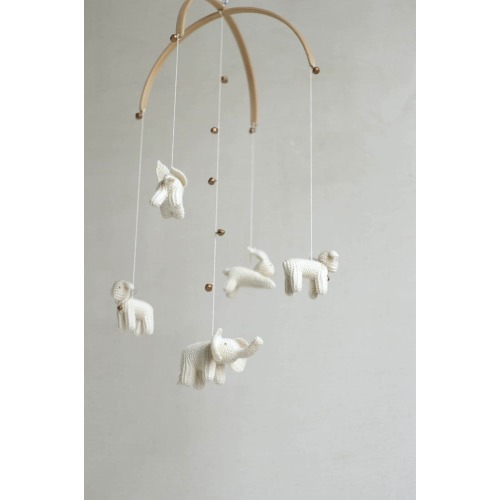 Knitted White Animals Baby Mobile, Beech Wood Nursery Decor