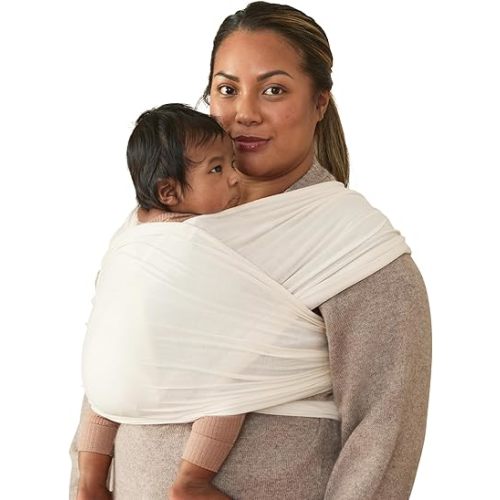 Ergobaby Aura Baby Wrap Carrier for Newborn 0-12 Months (8-25 lbs) - Soft Stretchy Infant Wrap Carrier with Hip-Healthy Positioning, Pre-Tied Design - Cream