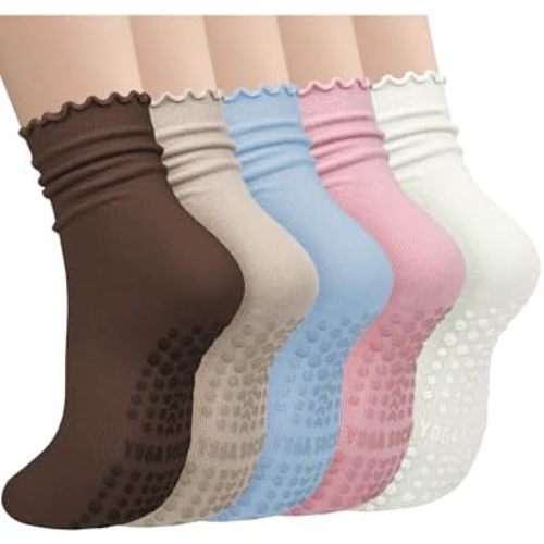 5 Pairs Pilates Socks with Grips for Women, Non Slip Cotton Ruffle Yoga Socks for Barre Workout Hospital