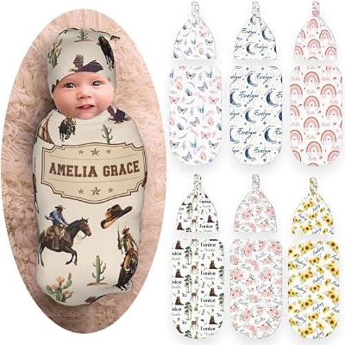 Personalized Western Cow Baby Swaddle Blanket & Hat Set-Swaddle Sack for 0-6 Months Baby Boy Girl-Newborn Infant Birth Shower Party Gifts