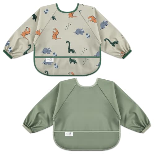 Long Sleeve Baby Bib, Waterproof Fabric, Catch-All Pocket, Baby Smock Bib, Adjustable Sleeves