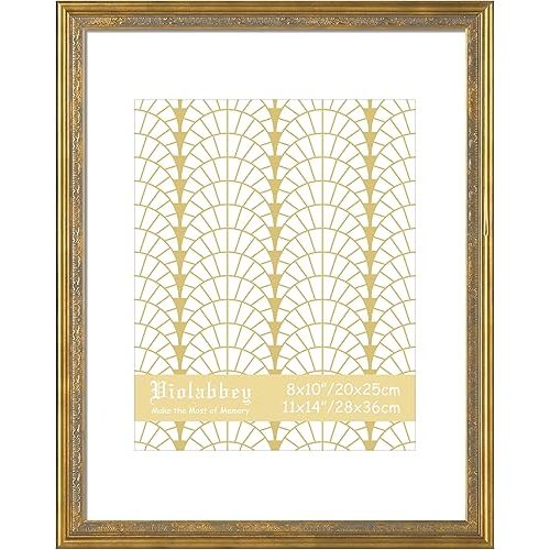 VIOLABBEY 11x14 Matte Gold Picture Frame, Display 8x10 Photo with Mat or 11x14 without Mat, Ornate Vintage 11 x 14 Matte Gold Frame for Wall Decor or Tabletop Display