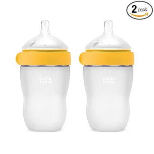 Comotomo Silicone Baby Bottle Gen 2 – 2026 Release (8oz) – Soft, Wide-Neck Bottle for Comfortable Feeding with Dual Anti Colic Vents (Includes Medium Flow Nipples), Yellow (Double Pack)
