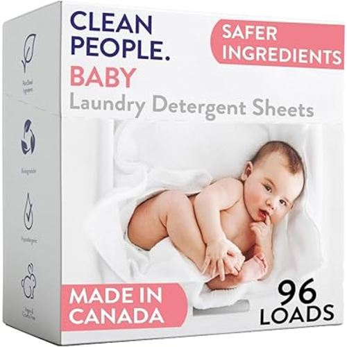 The Clean People Unscented Baby Laundry Detergent Sheets - Hypoallergenic - Ultra Concentrated, Recyclable Packaging, Fights Stains & Odors on Baby Clothes & Bedding - Fragrance Free, 96 Pack