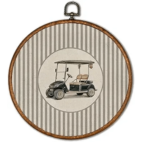 KSDUT Vintage Golf Cart Wall Art Decor - Retro Sports Trendy Wall Art Canvas Frame Hanging Prints, Nursery Sports Gallery Round Artwork Decor for Boys Room Home Decorations 10"x10"