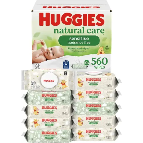 Huggies Natural Care Sensitive Baby Wipes, Unscented, Hypoallergenic, 99% Purified Water, 10 Flip-Top Packs (560 Wipes Total)