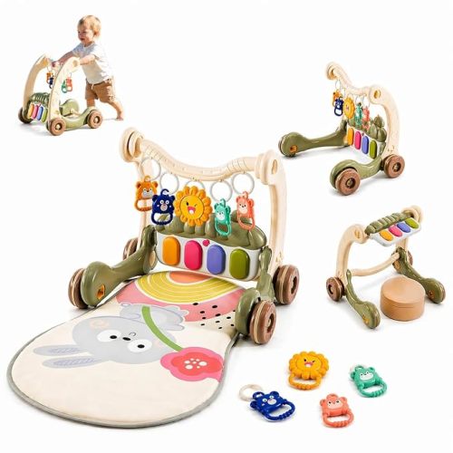 3-in-1 Baby Gym Play Mat, Tummy Time Mat & Kick Piano Activity Center with Detachable Toys, Rattles and Sit-to-Stand Push Walker for Babies (Dark Bud Green)