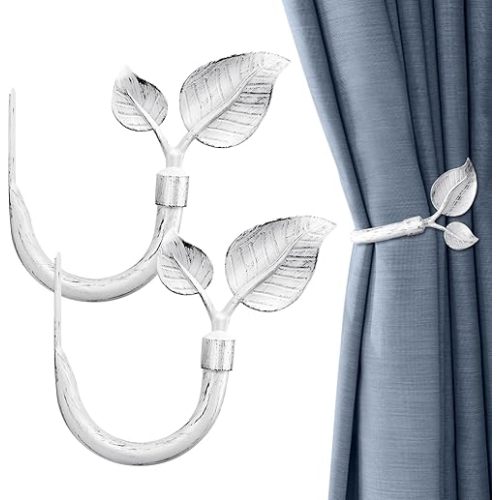 Leaf Shaped Curtain Holdbacks 2pcs, Handmade Metal Curtain Side Holders for Wall, Curtain Tieback Hook Pull Backs for Drapes Window Home Decoration (Vintage White)