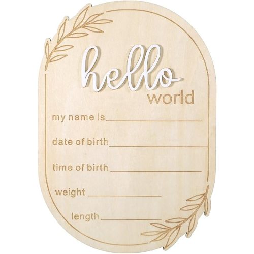 Baby Announcement Sign, 5.91x4.13 Inch Hello World Babies Name Wooden Sign Newborn Welcome Signs Lovely Babies Name Plaques for Nursery Hospital Girl Boy Baby Shower