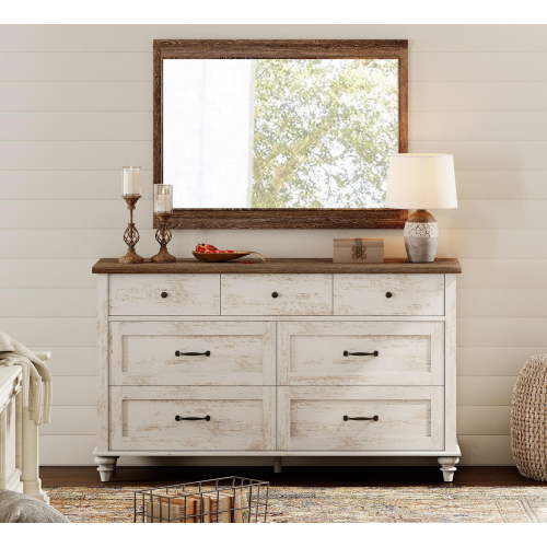 Farmhouse Dresser with 7 Drawers, Wooden Kids Dresser for Kids Room Living Room, Antique White