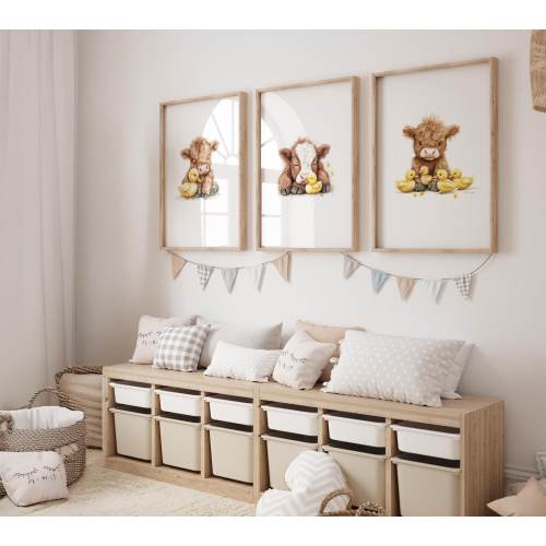 Highland Cow Nursery Print, Highland Cow Nursery Decor, Highland Cow Gift, Kids Farm Bedroom Watercolor Cow Digital Print, Set of three