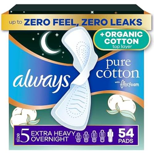 Always Pure Cotton, organic cotton top layer pads for women with wings, feminine care, period menstrual sanitary postpartum, toallas sanitarias para mujer, Size 5 Extra Heavy Overnight Unscented, 54ct