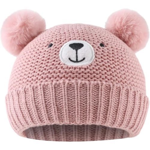 JANGANNSA Cute Bear Baby Beanie Pompom Baby Boy Hat Winter Knit Beanie Girl