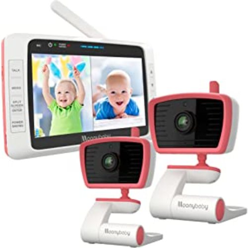 Moonybaby Split 50 Baby Monitor with 2 Cameras and Audio, No WiFi, Large Screen with Wide View, Screen Split, Auto Night Vision and Zoom, Sound Activated, Temperature, 2-Way Talk, Range up to 1000ft - Rose Pink