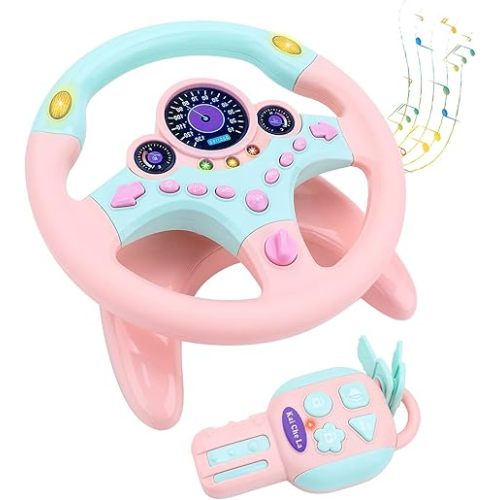 deAO Kids Steering Wheel for Backseat with Key Baby Toys Pretend Driving Simulated Steering Wheel Toy with Light and Music Gifts for Kids Toddlers (Pink)