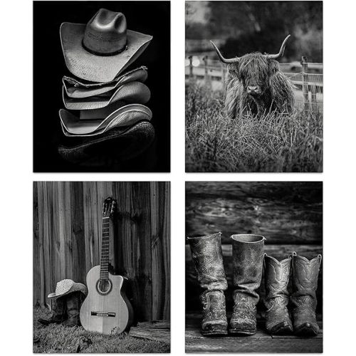 NIIO Western Cowboy Wall Art, Highland Cow Art Print, Boots Straw Hat and Longhorn Decor Vintage Farmhouse Canvas for Men's Bedroom Decor, Set of 4(8inx10in, Unframed)