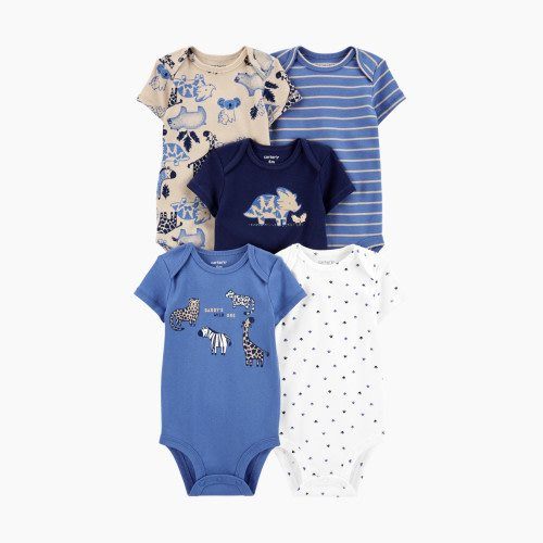 Carter's Short-Sleeve Original Bodysuits (5 Pack) - Blue Dinos/Stripes/Safari/Animals, Nb