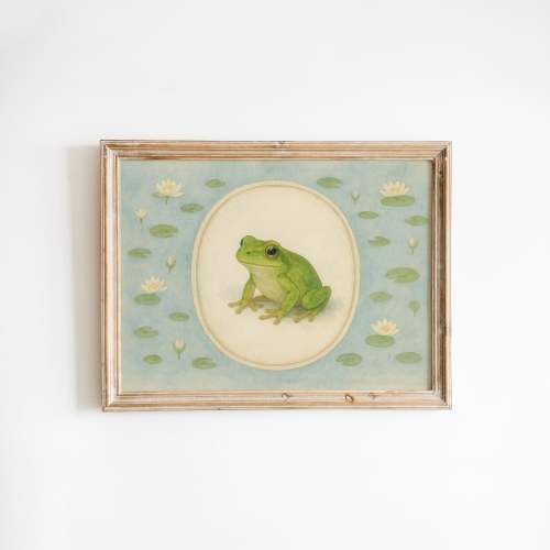 Green Frog with Lily Pads – Vintage Nursery Animal Wall Art