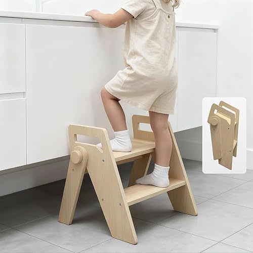 Wooden 2 Step Stool for Kids Bathroom Foldable 2-Step for Toilet Potty Training, Child Stepping Stool for Kitchen Nursery Bedroom