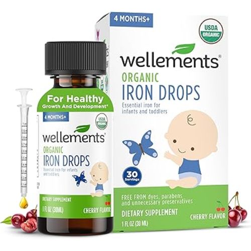 Wellements Organic Iron Drops for Newborn+ Babies (1 Fl Oz) - Cherry Flavor Liquid Iron Supplement for Infants - Toddler Iron Supplement for Kids (4months+ to 3 Years) - Supports Growth & Development*