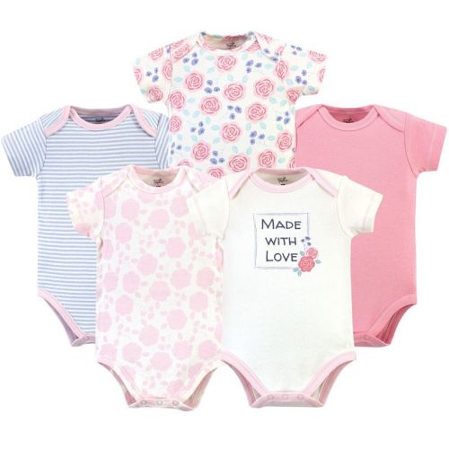 Touched by Nature Baby Girl Organic Cotton Bodysuits 5pk, Pink Rose, 0-3 Months