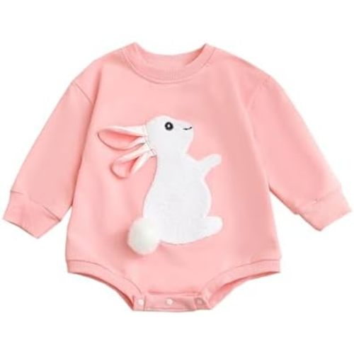 Coyciu Infant Baby Boy Girl Easter Outfit Embroider Bunnies Bubble Romper Shirt Newborn Easters Clothes Bunny Outfits 3M 6M