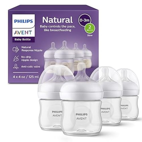 Philips Avent Natural Baby Bottles with Natural Response Nipples (Slow Flow, Flow 2), 4oz, 4-Pack, SCY900/04