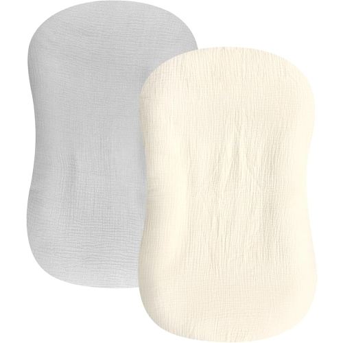 Hooyax Baby Lounger Cover 2 Pack - 100% Muslin Cotton Newborn Lounger Pillow Covers Only, Soft Breathable Infant Lounger Cover with Reinforced Stitching, Fits Most Standard Baby Loungers (Grey Cream)