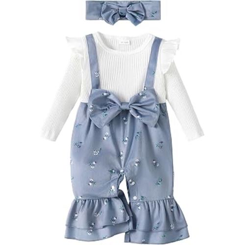 Newborn Baby Girl Clothes Long Sleeve Romper One Piece Jumpsuit Fall Outfit | Headband, Big Bow, Ribbed Knit, Floral Corduroy, Ruffle Shoulder, Flared Hem, Casual, Coming Going Home, Winter, Christmas