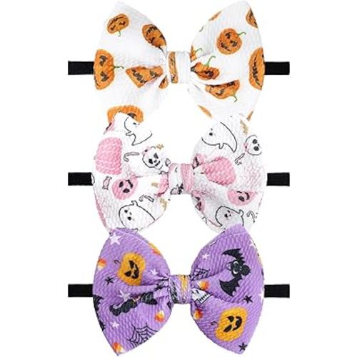 YanJie Halloween Baby Girl Headbands with Bows Pumpkin Headband Black Ghost Printed Baby Bows Orange Newborn Bows Nylon Hair Bows Toddler Headband Purple