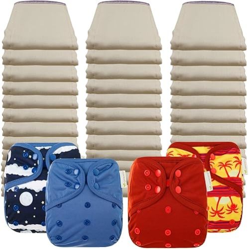 OsoCozy Economy Prefold Diaper Package - 3 Dz. Infant 4x8x4 Unbleached Better-Fit 100% Cotton Prefold Diapers (6-16 lbs) & 4 One-Size Diaper Covers (1 Night Sky, 1 Blueberry, 1 Deep Red, 1 Sunset)