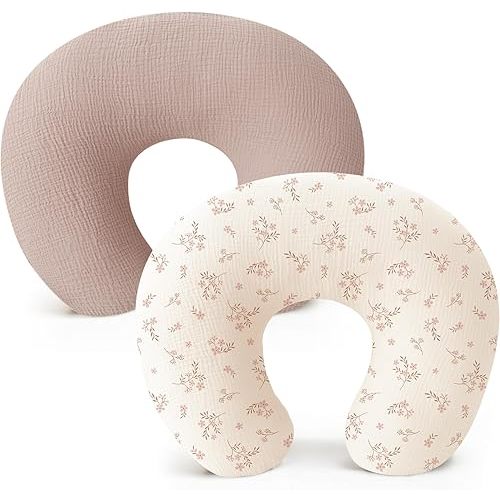 Konssy 2-Pack Muslin Nursing Pillow Covers, Soft & Adorable Nursing Covers for Breastfeeding Pillows, Slipcovers for Newborn Boys & Girls(Soft Blooms,Taupe)