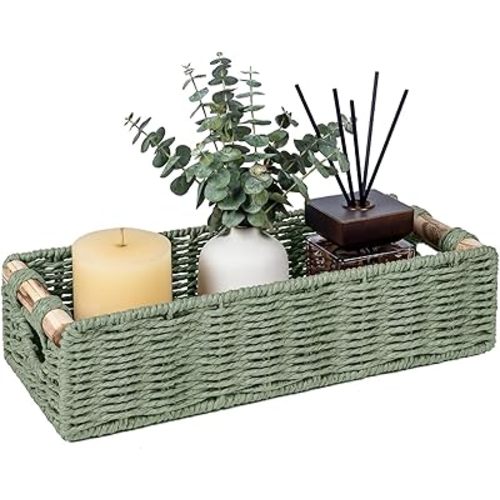 CubesLand Back of Toilet Storage Basket for Organizing w/Cut Out Handle, Handwoven Toilet Tank Top Paper Baskets, Wicker Decorative Basket for Countertop, Home Decor, Living Room, Nursery, Green