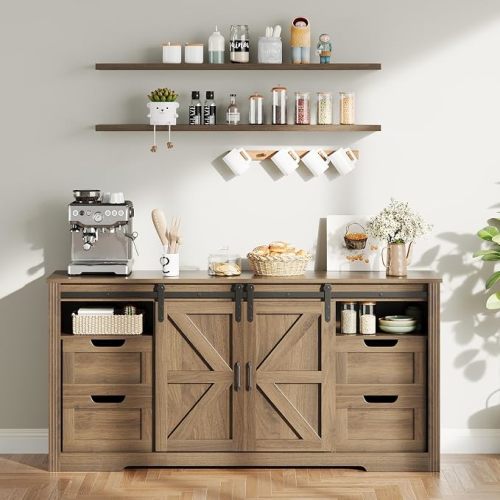 Garvee Farmhouse Sideboard Buffet Cabinet with Storage & Sliding Barn Doors & 4 Drawers - TV Stand, Wooden Coffee Bar - TV Cabinet, Entertainment Center Console Table for Living Room
