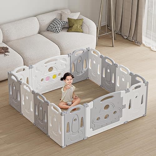 Baby Playpen Kids Activity Centre Safety Play Yard Home Indoor Outdoor New Pen (Grey White 14panels)