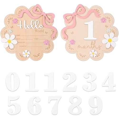 2pcs Baby Girl Monthly Milestone & Hello World Announcement Signs Set, Double-Sided Wooden 1-12 Months Newborn Milestone Markers with Floral Design Newborn Growth Photography Props & Nursery Decor