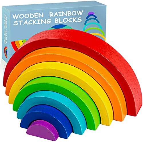 TUOWITA Wooden Rainbow Stacking Toy, Wood Stacker Arch Game, Montessori Arch Bridge Rainbow Building Blocks, Colorful Stacking Blocks Puzzles for Kids 2 3 4 5 Years Old, Rainbow Decor Toys