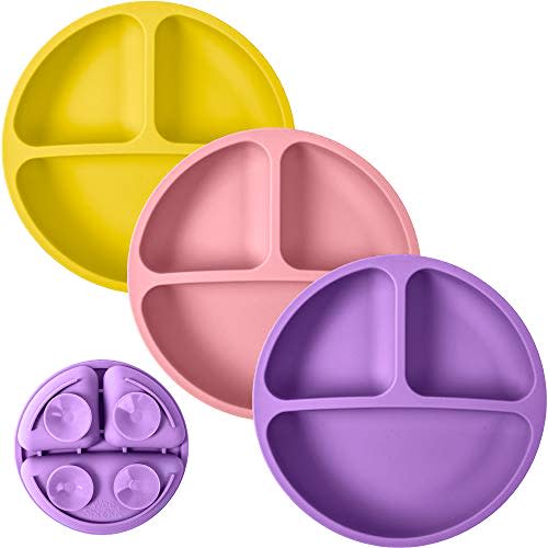 WeeSprout Suction Plates for Babies & Toddlers - 100% Silicone, Dinnerware Stays Put, Divided Design for Picky Eaters, Microwave & Dishwasher Friendly, 3 Pack