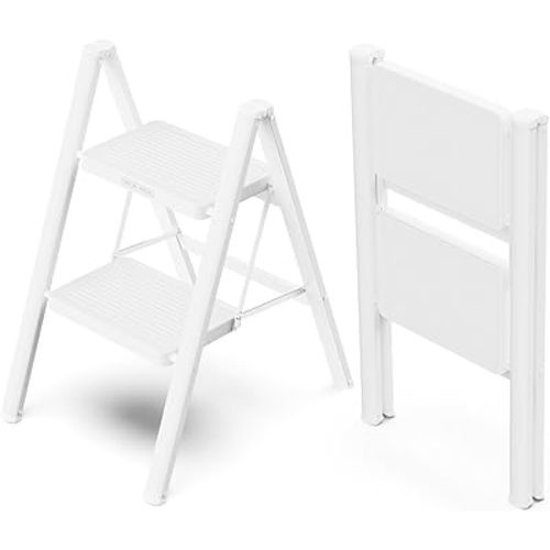 WOA WOA 2 Step Ladder, Folding Step Stool with Broad Pedals, Compact Stepping Stool, Sturdy Steel Ladders for Home with Anti-Slip Feet, Supports up to 330 lbs - White