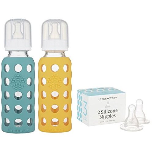 Lifefactory 9oz Glass Baby Bottle 2pk Bundle with 2 Stage 3 Nipples (Kale/Mango)