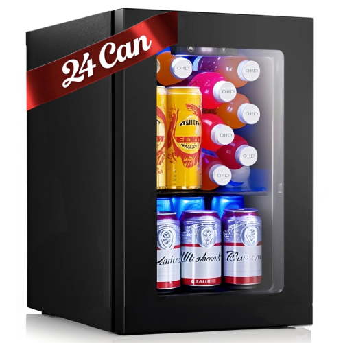 Auseo, Glass Door Mini Fridge, 24 Can, Beverage Cooler, Black