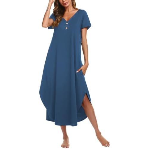 Ekouaer Long Nightgowns for Women Button Night Gowns Short Sleeve Sleepwear Full Length Sleep Shirts With Pockets S-3XL