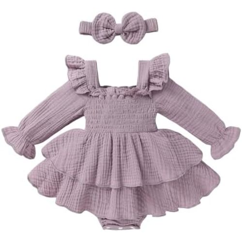 YOUNGER TREE Baby Girl Fall Clothes Infant Long Sleeve Ruffle Romper Dress with Headband Cute Toddler Winter Outfits