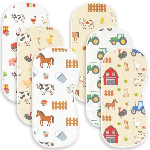 6 Pack Farm Burp Cloths Baby Boys Girls with Farm Animals Pattern, Large Cotton Burp Rags for Newborns Gifts Nursery Decor Extra Soft and Absorbent 9.8X19.6inches
