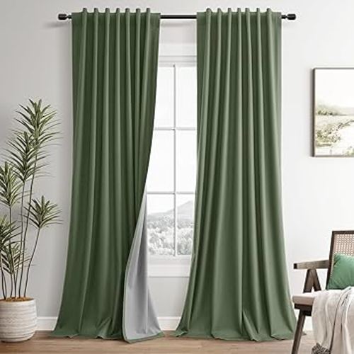 100% Blackout Linen Curtains 84 Inch Length 2 Panels Set Olive Green Luxury for Bedroom Windows Living Room Darkening Dark Green Thermal Insulated Drapes Nursery 7ft Long Back Tab Pleated Pocket
