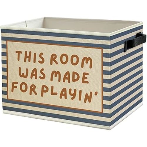 Blue Striped Kids Playroom Storage Bins Box with Handles, This Room Was Made for Playing Collapsible Basket Organizer for Kids Nursery Bedroom Bathroom Playroom Toys Books Clothes