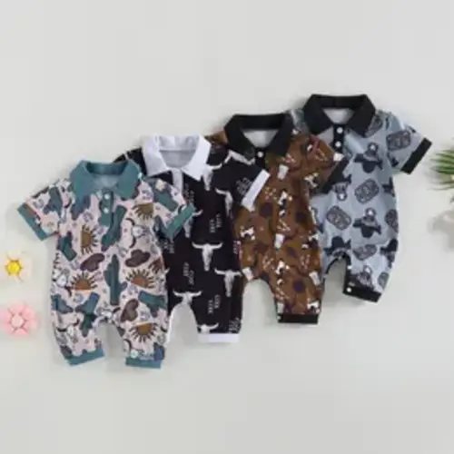 Newborn Baby Boy Western Clothes Cow/Horse Print Romper Jumpsuit Short Sleeve Button Up Collared Bodysuit Outfit - TikTok Shop