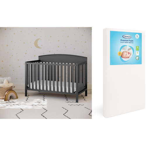 Graco Benton 5-in-1 Convertible Crib and Premium Crib & Toddler Mattress Bundle, Gray
