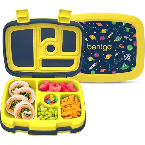 Bentgo Kids Prints Leak-Proof, 5-Compartment Bento-Style Kids Lunch Box - Ideal Portion Sizes for Ages 3-7, Durable, Drop-Proof, Dishwasher Safe, & PFAS & BPA-Free Materials (Space)